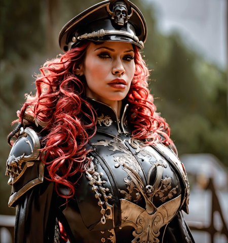 RAW photo, (masterpiece:1.3), subsurface scattering, heavy shadow, (high quality:1.4), (intricate, high detail:1.2), professional photography, HDR, High Dynamic Range, realistic, ultra realistic, photorealistic, high resolution, film photography, ambient lighting, atmospheric effects, <lora:detail_slider_v4:2>, OverallDetail, BiancaB, <lora:BiancaB:1>, red curly hair, as a Warhammer commissar, armor, dark black military uniform, skulls, peaked cap, femun, upper body shot, <lora:FemaleUniform:0.75>, epiCPhoto