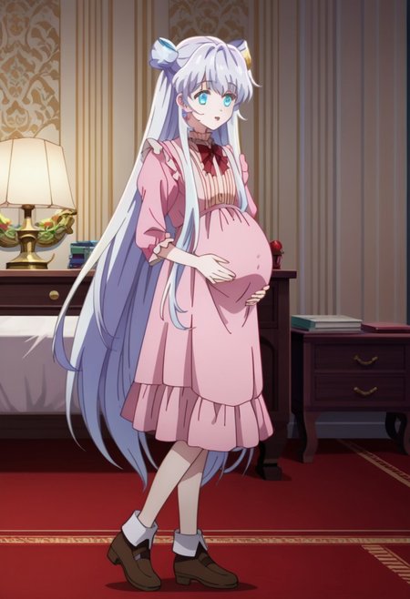 score_9, score_8_up, score_7_up, best quality, masterpiece, 4k, perfect lighting, very aesthetic, anime, anime coloring, official art, anime screencap,
OverallDetail, fFaceDetail, 
bedroom, happy, huge pregnant belly, hand on belly,
Dia, blue eyes, very long hair,
Dia_Undercover, blue eyes, silver hair, very long hair, full body,
<lora:Pregnant Bump:1>