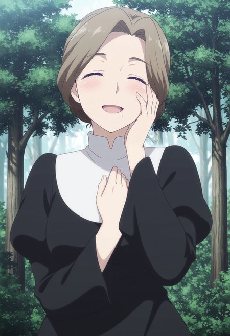 1girl,solo,mm,mature female,brown hair,mole under mouth,blue eyes,anime coloring,
nun,hair bun,hand on own face,closed eyes, open mouth, blush,happy,hand on own chest,outdoors,tree,nature, 
,masterpiece,best quality,amazing quality,<lora:Sister-Kinsou_no_Vermeil:0.8>