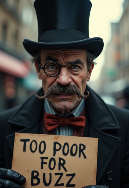 top hat, moustache, cinematic film still, (Skin Texture, pores, natural,iPhone,RAW)), natural lighting, Highest Quality closeup Portrait photo of a villainous man wearing top hat and monocle, sad face, twirling his moustache, Nikon Z9, realistic matte skin,
holding a sign that says 'TOO POOR FOR BUZZ',
blurry city in the background, daytime, epic, gorgeous, 8K,