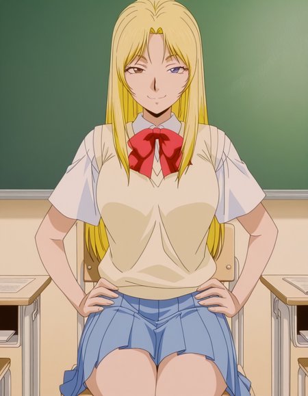 masterpiece, best quality, amazing quality,, <lora:urumi-kanzaki-anime-illustriousxl-lora-nochekaiser:1>, urumi kanzaki, parted bangs, heterochromia, brown eyes, long hair, blue eyes, blonde hair, sidelocks, mature female, breasts, anime screencap, school uniform, sweater vest, yellow sweater vest, shirt, white shirt, collared shirt, short sleeves, skirt, blue skirt, pleated skirt, bowtie, red bowtie,, classroom, chalkboard, daytime, studying, sitting, chair, desk, smile, smug, hands on own hip, looking at viewer, solo,, cowboy shot, solo