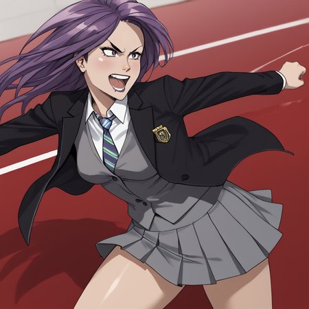 <lora:VampbladePurple_pony_v1:1>KatiePurple, 1girl, purple hair, long hair,  medium breasts, cowboy shot,  <lora:1014 Home wear 32_v1_pony:1> uanyi1014,black jacket,grey skirt,grey vest,pleated skirt,striped necktie,clasp,