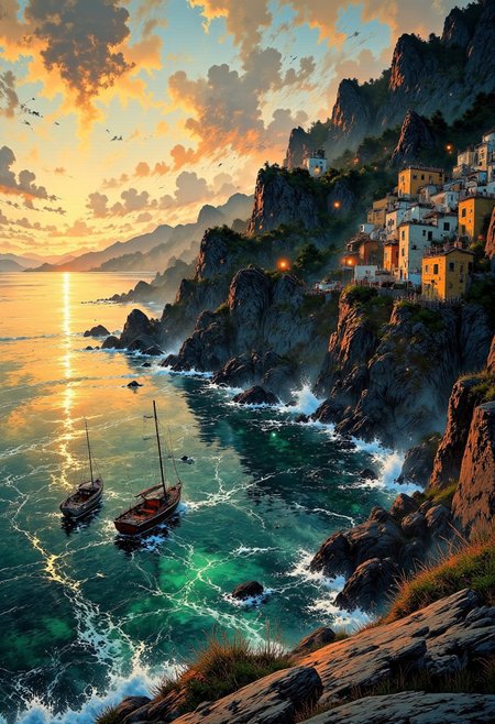 Amalfi Coast Sunset – Clifftop Ocean View
"A dramatic coastal view from the cliffs of the Amalfi Coast, where pastel-colored houses cling to the rocky landscape. Below, the Mediterranean Sea sparkles under the setting sun, with fishing boats gently bobbing in the harbor. Waves crash against the rugged shoreline, sending sea spray into the warm, golden air."