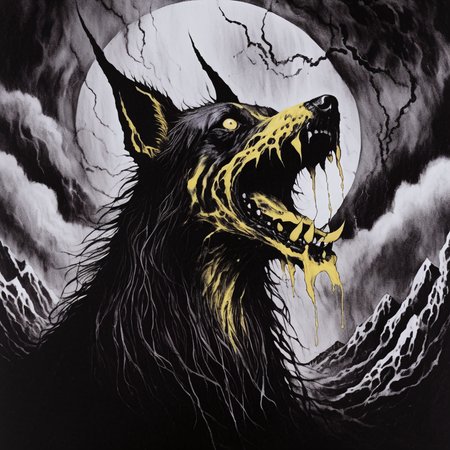 blackmetal style, black and yellow, xerox, a rabid dog with foamy mouth, cloudy sky,
<lora:black_metal_art:1.0>