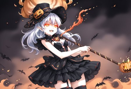 (masterpiece), (score_9, score_8_up, score_7_up,source_anime), 4K8K, 
(from below), misty, steam, fog, Floating Halloween pumpkins, 
halloween, halloween fantasy, 
(pumpkinhead woman, Pumpkinhead:1.3), (solo), (Glossy skin, pale skin:1.3),  (crossed arm, hold stick), burning pumpkin, (dark aura:1.4), (smirk, half-opened mouth, Canine, tooth, fang1.2), 
(medium figure:0.9), (pointy breasts:1.1), 
(glowing eyes), 
(wearing vampire cos, dress, makeup, red and black dress, Miniature Hats, zettai ryouiki, thighhighs:1.2), 
(emperor's audience room, dark room:1.3), elf ears,