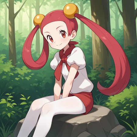 1girl, solo, mira (pokemon), smile, very long hair, pink hair, red hair, hair rings, twintails, hair beads, asymmetrical hair, tied hair, red eyes, red scarf, white shirt, puffy short sleeves, red shorts, short shorts, white pantyhose, legwear under shorts, sitting on rock, arms between legs, forest