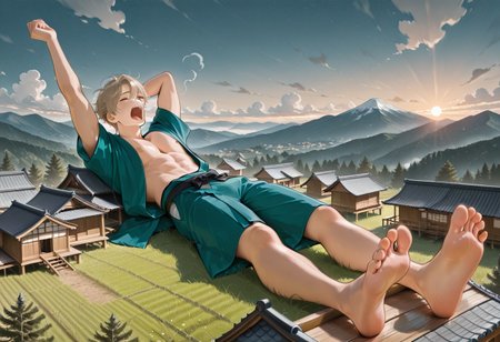 (masterpiece, best quality, very awa), BREAK, giant, giant male, dynamic, cinematic, adult face, masculine face, 
BREAK, <giant: male, masculine, adult male, very messy hair, fashionable clothes, japanese clothing, japanese shirt, bare feet, toned body, lying down, lying down, yawning, arms raised in yawn, laying on back, laying next to villages, laying next to wooden houses,>,
BREAK, japanese country side, mountains, traditional japanese village, sky, clouds, sunset, many wooden village houses, traditional houses, many houses, busy village, traditional japanese structures, very detailed background, very detailed environment, very detailed surroundings, 
BREAK, zoomed out, full body, full view,