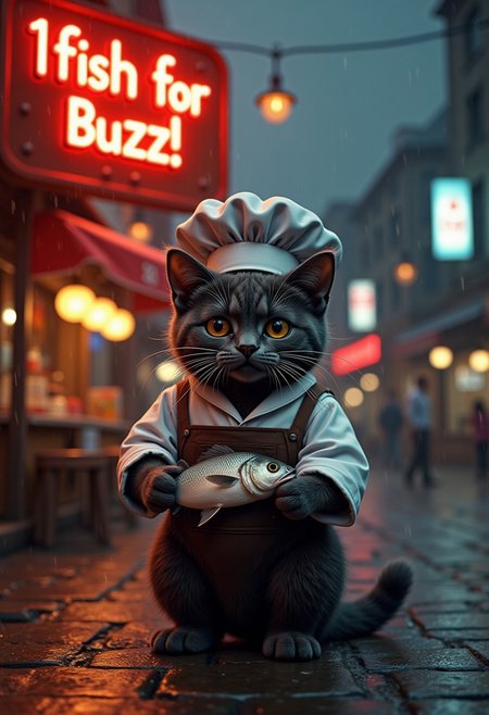 ((((Display the text "1fish for Buzzz!!, " on top a movie poster)))).detailed a cat wearing chef hat, white shirt, and apron standing holding a fish, in front of fish stall, in a fish market, on top of his street stall ,The neon signs glow warmly reads "fish for Buzz ", creating a nostalgic atmosphere (dynamic lighting:1,0), background, rainy night ,(intricate details,naturalism,hyperdetailed,hyperrealistic:1.55) mvpstrCE style ((((Display the text help me with buzz!" on a movie poster)))). no human   , Fantastically detailed of a black cat  FXAA, award winning artwork, many details, extreme detailed, full of details, Wide range of colors., Dramatic,Dynamic,Cinematic,Sharp details Insane quality. Insane resolution. Insane details. Masterpiece. 32k resolution. De-Noise, Post-Production, SFX, insanely detailed, realistic, super detailed, 16k resolution, full body, mvpstrCE style