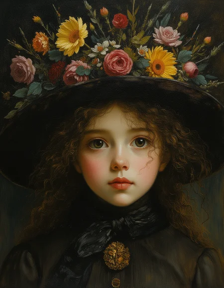 Masterpiece, high quality, Oil Painting, storybook-inspired folk art with dreamlike details. the universe loves me, she send me light of love, and I accept it, frail tween girl, fantastical, focus on the girl, Masterpiece, intricate lines, intriguing atmosphere, delicate features, elaborate details, (2/3 rule composition:0.5), ultra detailed, romantic, rich deep, novuschroma, del1cate_balance style, in the style of Rembrandt. FS, vantablack <lora:style_of_Rembrandt_FLUX_135:.8> <lora:- Flux1 - vanta_black_V2.0:.6> <lora:Delicate_Balance:.3> <lora:neeeg_f1:-1> <lora:113_novuschromaFLX_1:.2> <lora:FS_v2:.4>