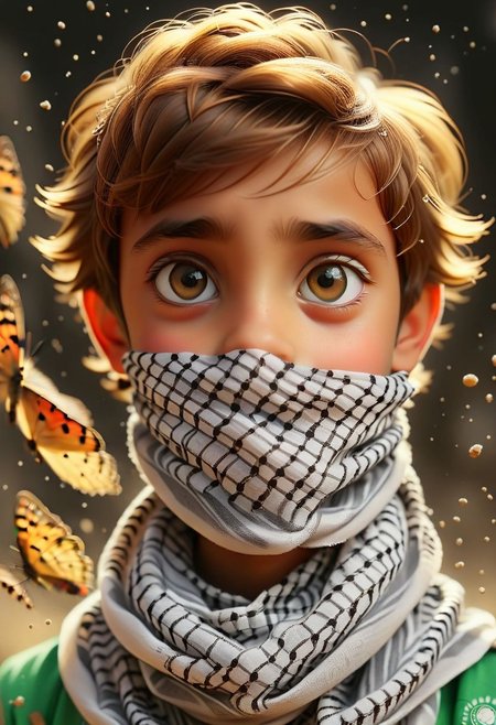 3d Animation film style big eyes and head Boy  Masked Palestine keffiyeh so keffiyeh ortrait friendship., particle volumetric dust <lora:STYLIZARD_v1:1.2> sharp focus, macro, micro, Chestnut Copper ambient, sub surface scattering, glow standing in Flutterfly Dreams - A young butterfly with big dreams sets off on a transformative adventure., particle volumetric dust <lora:STYLIZARD_v1:1.2> sharp focus, macro, micro, Bisque Gold ambient, sub surface scattering, glow