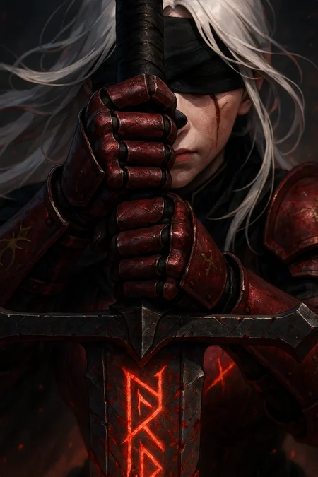 Female knight, Yvendre, intense close-up, red battle armor with black underlayer, vertical facial scar, white hair, gripping sword hilt with both hands, solemn expression, dramatic shadows, cinematic lighting, painterly texture, dark background, masterpiece, 4k, high detail, depth of field