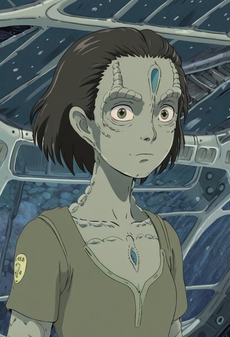 Studio Ghibli Style anime scene of an 18 year old female c4rd45514n alien, forehead crest, ridges, scales, grey skin, space station background, cleavage