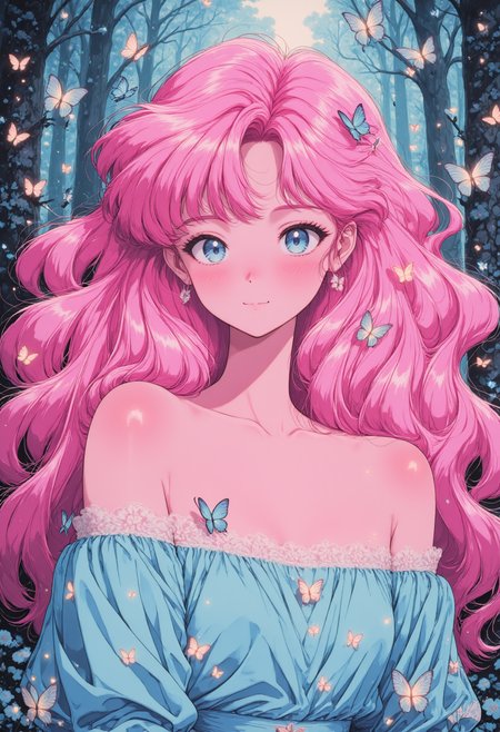 pinkretroanime, A dreamy portrait of a woman with flowing pink hair adorned with tiny glowing stars and detailed butterflies, soft blush on her cheeks, wearing a blue color dress in a whimsical forest setting