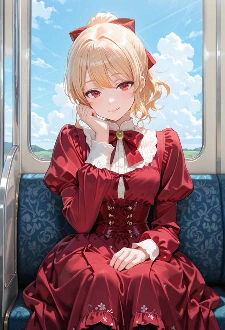 1girl, solo, lazypos, anime-style digital drawing,
soft pastel colors, detailed and delicate, whimsical and dreamy, soft shading, detailed textures,
gentle and innocent expression, intricate and ornate, elegant and charming, 
anime girl, delicate and feminine, soft and gentle colors.
day, clouds, blue sky,
sitting, inside train, hand resting on cheek,
<lora:kaelaIL:0.35> kaelaIL, blonde hair, ponytail, red eyes, smile,
<lora:TRT(Illust)0.1v:0.5>
<lora:PHM_style_IL_v3.3:0.5>
<lora:Victorian_Whim_Velvet_Dress:1> Victorian_Whim_Velvet_Dress, long dress, red dress, puffy long sleeves, juliet sleeves, frills, red bow, red ribbon, floral print, cross-laced clothes, corset