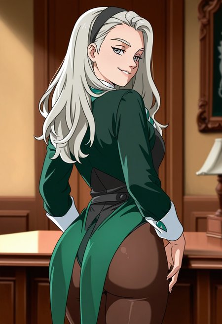 anime coloring, 1girl, long hair, platinum hair, grey-blue eyes, fem!Draco Malfoy, hairband, jewerly, Slytherin style, elegant leotard, tailcoat, starrying at Potter, aristocratic, slytherin, pantyhose, smile, seductive pose, back view, focus on ass