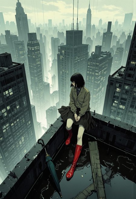 detailed art, anime art, masterpiece, stylized anime cel-shade, overcast skies, fisheye high-above perspective – overhead warped view of a solitary girl sitting on a rooftop’s edge in the rain, look away, umbrella lays beside her, the cityscape behind warps and twists into infinity around the edge of the lens, bright red boots and her soaked school jacket contrast the monochrome buildings, water puddles reflect bent fragments of sky, fine rain drawn in thin curved white lines following the lens arc
