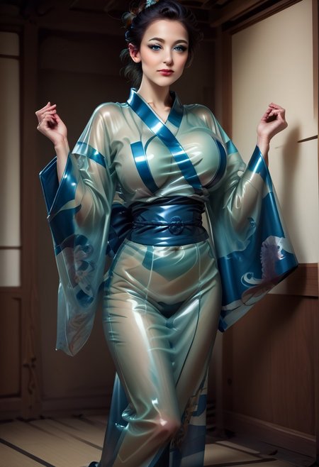 score_9, score_8_up, score_7_up, rating_safe, concept art, semi-realistic, 1girl, solo.
Young beautiful face, fit body, Blue eyes.
(Big breast:1.2), (Round breast:1.5).
Latex Kimono, Wide sleeves, Obi.
((Transparent Kimono)).