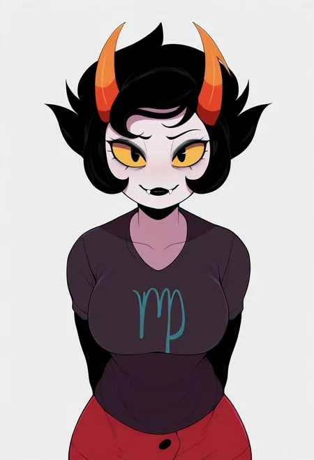 best quality, amazing quality, very aesthetic, absurdres,
 1girl, kanaya, colored skin, black eyes, yellow sclera, black hair, short hair, horns, fangs, black lipstick, 
black shirt, red skirt, arms behind back,
smile, solo, looking at viewer, simple background, white background, <lora:KanayaMaryamNoobXL_byKonan:1>