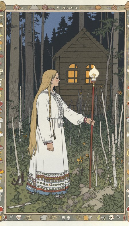 Illustration of a young woman with a long blonde braid, dressed in a traditional Russian white dress with intricate embroidery along the hem and cuffs. She is holding a glowing staff topped with a skull, illuminating her face with a soft, eerie light. The scene takes place in a dense, dark forest, filled with tall trees and mysterious shadows. In the background, a rustic wooden hut with ornate windows emits a warm, inviting glow, partially hidden among the trees. Surrounding the hut are numerous stakes with skulls on top, adding a sinister, fairytale-like atmosphere reminiscent of Slavic folklore., The forest floor is scattered with various mushrooms and wild plants, enhancing the enchanted forest setting. The illustration is framed with decorative borders of mushrooms, roots, and leaves in a style inspired by Russian folk art. The color palette is dark and muted, with deep greens, browns, grays, and subtle blues, creating a twilight ambiance filled with mystery and slight foreboding. The scene evokes a mystical, folklore-inspired mood, with influences from the works of Ivan Bilibin