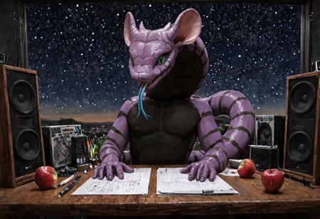 Manda snake, slit pupils, green eyes, purple body, body markings, black eye markings, 2 pair of horns, black belly scales, blue tongue, forked tongue, in a Glass on a Table, the bottom of the glass is Green and the top shows a starry Sky Manda looks up at the stars, Apple, desktop, mouse, notepad, speakers,