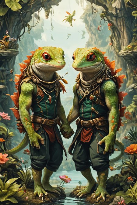 Detailed digital portrait of an anthro Gecko (Holding hands tenderly, expressing connection) at a Floating islands suspended by anti-gravity tech, <lora:xl_more_art-full_v1:0.5>,  <lora:The_Crazy_Style:0.7> <lora:anthro_muscular:0.7>