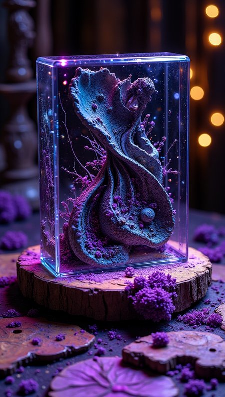 masterpiece, 4k, 8k, bokeh, a carbon fiber shape with a glass case merging together, it is a special object found in a secret dark shop, dropped on a crafted burned wood table, purple smoth surface with moss.
detailmaximizer, Midjourney_Whisper, opalescence <lora:[Flux1]_flux_vividizer:0.3> <lora:[Flux1]_scenery_lora_comfy_converted:0.2> <lora:[Flux1]_Opal_Fantasy_Flux:0.5> <lora:[Flux1]_aidmaPsychadelicChaosWorld-FLUX-v0.1:0.3> <lora:[Flux1]_aidmaImageUpgrader-FLUX-V0.1:0.1> <lora:[Flux1]_midjourney_whisper_flux_lora_v01:0.1>