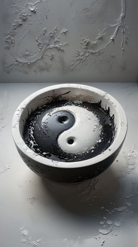 boiling yin and yang white and black dense paint in a bowl, royalcore, cinematic, living room 
award winning artwork,
many details, extreme detailed, full of details,
Wide range of colors., Dramatic,Dynamic,Cinematic,Sharp details
Insane quality. Insane resolution. Insane details. Masterpiece. 32k resolution.
 <lora:add-detail-xl:0.65> <lora:casting shadow style v2:0.1> casting shadow style, cucoloris patterned illumination <lora:CinematicStyle_v1:0.1> <lora:Disturbia:0.15> <lora:dvr-lnds-sdxl:0.1> dvr-lnds-sdxl <lora:MJ52:0.2> <lora:princess_xl_v2:0.1>  <lora:ral-dissolve:0.1> ral-dissolve <lora:ral-ertmsphr:0.1> ral-ertmsphr  <lora:ral-porcelain:0.3> ral-porcelain <lora:ral-pxlprtcl:0.31> ral-pxlprtcl  <lora:xl_more_art-full_v1:0.5>