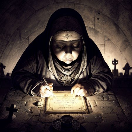 (masterpiece), a picture of an old hunchbacked woman in grey with a lantern and a child at her hand at a dark graveyard at night, view from above, a sea of graves, on every grave burns a little candle,  <lora:add_detail:1> <lora:Don_Lawrence_Storm_v1:0.5>, dlstormstyle, <lora:Moebius:1>, artwork, award-winning, professional, highly detailed, fine texture, well defined, morbid, sinister, eerie, sad, heartbreaking