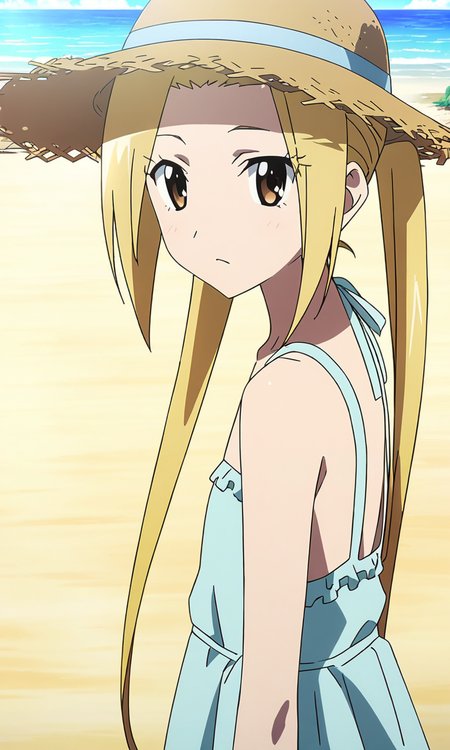 anime artwork hagimura suzu, 1girl, long hair, blonde hair, twintails, brown eyes, petite, flat chested, (straw = hat), beach,masterpiece,best quality,8k highres . anime style, key visual, vibrant, studio anime, highly detailed