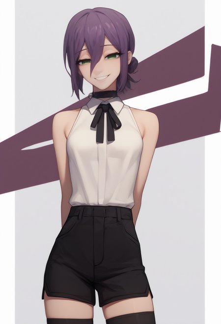 score_7_up, score_6_up, <break> simple background, white background, solo, 1girl, csmrz, smile, looking at you, standing, arms behind back, small breasts, medium hair, purple hair, green eyes, half-closed eyes, hair bun, black choker, white shirt, sleeveless, black neck ribbon, black shorts, black thighhighs
 <segment:yolo-face_yolov8m.pt,0.4,0.5//cid=1>