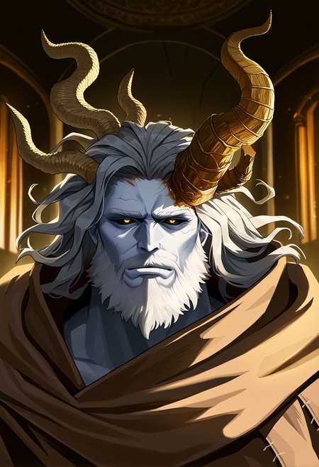 very awa, masterpiece, best quality, year 2024, newest, highres, absurdres, <lora:age_slider_v4:3> <lora:thicc_v1.4-pony:1.2>,detailed_background,indoors,asymmetrical horns,male focus,elden ring,mismatched horns,mutton chops,grey skin,monster boy,yellow eyes,colored skin,solo,highres,robe,black sclera,broken horn,grey hair,rags,1boy,brown robe,horns,colored sclera,aisendraw,portrait,morgott the omen king,curled horns,margit the fell omen