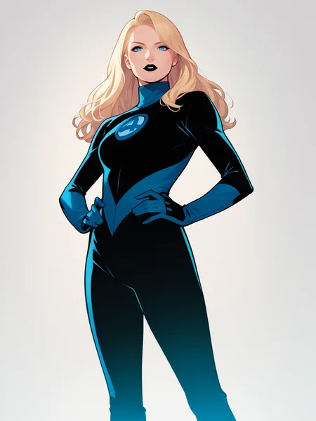 score_9, score_8_up, score_7_up, score_6_up, score_5_up, score_4_up, BREAK, source_anime,
1girl, susanrichards, blonde hair, long hair, blue eyes, makeup, black lips,
black bodysuit, blue turtleneck, gloves, boots,
hands on hips, looking at viewer, standing, full body, looking at viewer, solo, simple background, white background  <lora:SusanRichardsXL:1>