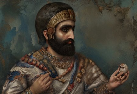 Cyrus the great is speaking in Babylonia:
a low person was put in charge of his country, 
but he set a counterfeit over them. 
He made a counterfeit of Esagil and for Ur and the rest of the cult-cities
Rites inappropriate to them, impure food- offerings disrespectful were daily gabbled, 
and, 
intolerably, he brought the daily offerings to a halt; 
he interfered with the rites and instituted within the sanctuaries. 
style of Qajar art, FastNegativeV2, green eyes, blue eyes, brown eyes, perfecteyes