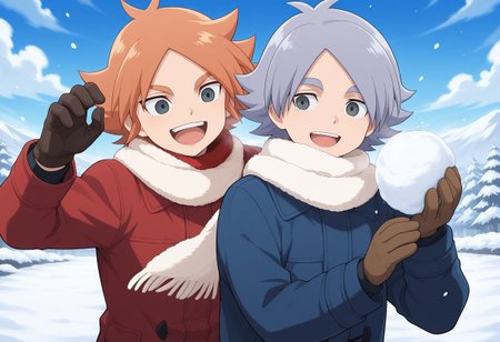 masterpiece,best quality,amazing quality, source_anime, 
2boys, brothers, snowball fight, happy, laugh,
winter clothes, gloves,
FubukiAtsuya, 1boy, male focus, grey eyes, orange hair, red coat, white scarf, BREAK
fubukishirou, 1boy, male focus, grey hair, parted bangs, grey eyes, blue coat, red scarf, BREAK
outdoor, sky, day, clouds, snow,