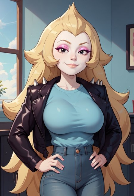 ((bedroom background)),score_9, score_8_up, score_7_up,score_6_up, 
1girl, Solo, Vidalia_SU, pale white skin, black eyes, blonde hair, long wavy hair, pink eyeshadow, black leather jacket with spikes on the shoulders, light blue t-shirt, blue-grey skinny jeans, high white boots, big eyes, tall stature, social smile, sexy face, close-up, cowboyshot, perfect eyes, perfect smile, looking at the viewer, big breasts, detailed eyes, perfect eyes, cute, standing, head on, hands on hips, front pose