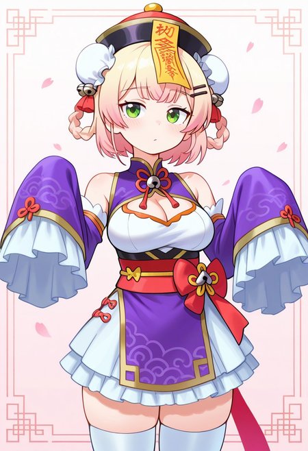 simple background,
momosuzu nene,
bell,
bell sleeves,
braid,
braided hair rings,
bun cover,
center-flap bangs,
cherry blossoms,
chinese clothes,
cleavage,
cleavage cutout,
clothing cutout,
detached sleeves,
double bun,
dress,
falling petals,
frilled skirt,
frilled sleeves,
frills,
hair bell,
hair bun,
hair ornament,
hair rings,
hairclip,
hat,
jiangshi,
jingle bell,
lattice,
multicolored dress,
ofuda,
petals,
purple dress,
qingdai guanmao,
quad hair rings,
red sash,
sash,
short hair,
skirt,
sleeves past fingers,
sleeves past wrists,
thighhighs,
white dress,
white skirt,
wide sleeves,
zettai ryouiki,
c0lodws,
masterpiece,
best quality,
amazing quality,