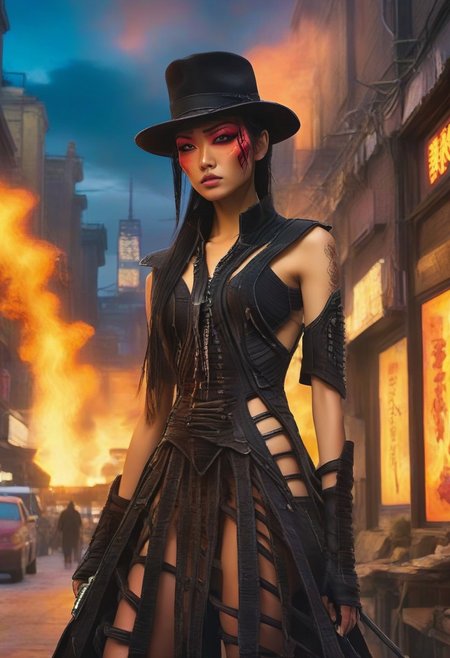 ((masterpiece, best quality, highly detailed)), cowboy shot, an asian skinned woman, stunning looks, demobaza, demobaza, The Hateful Eight film style, ((tall hat:1.3)), ((swords, (((flaming sword))), sword in each hand, sword in both hands:1.5)), wearing an unusual dress, black combat boots, in the city, cyber punk background, neon lights, short hair, brown eyes, demobaza, cyberpunk style, cyberpunk