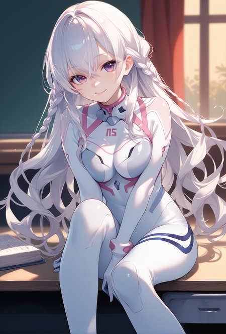 score_9, score_8_up, score_7_up, score_6_up, score_5_up, score_4_up,anime source,
  Mai(Ensemble), purple eyes, braid, long hair, white hair, hair between eyes,smile,
Evasuit08, white bodysuit, multicolored bodysuit,
sitting on desk, knee up,hugging own leg, <lora:MaiXLPony:1>,<lora:Eva08XLPony:1>