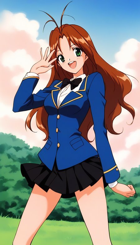 score_9, score_8_up, score_7_up, source_anime, rating_explicit, BREAK <lora:Tanima_Yuri_XL:1>Tanima_Yuri, 1girl, solo, long hair, brown hair, green eyes, antenna hair, breasts, 1990s (style), smile,
smile,looking at viewer, cowboy_Shot,
skirt, mary janes, long sleeves, open mouth, black ribbon.
standing, pleated skirt, looking at viewer, black skirt, smile, 
miniskirt, school uniform, bow, blue jacket,  bowtie,
grass, sky, day,