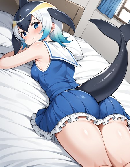 score_9, score_8_up, score_7_up, source_anime, rating_safe, BREAK <lora:cDolphinXL_LoRA-C3Lier_AdamW_Dim8_Alpha8_UN-3e-4_TE-1.5e-4_10batch_ponyDiffusionV6XL_v6StartWithThisOne:1>, common dolphin \(kemono friends\), 1girl, blue eyes, head fins, multicolored hair, white hair, short hair, cetacean tail, small breasts, blue dress, sailor dress, blush, frilled dress, sleeveless, light smile, embarrassed, from above, from behind, looking back, dutch angle, lying, on stomach, on bed, night, window, curtains