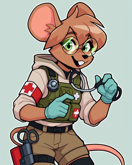 score_9_up, score_8_up, score_7_up, score_6_up, by remanedur, furry female, standing, mouse, green eyes, body armor, round glasses, stethoscope, brown hair, armband, tail, brown fur, black thigh highs, combat boots,  buckteeth, gloves, medic, cargo shorts, looking at viewer, hoodie, uniform, short hair, happy, smile, solo, three-quarter view, simple background, white outline <lora:Leah_Pines(AIM)_XL_v1:0.15> <lora:PDXL_artist_tags_v2_big:0.5> <lora:The-Minuscule-Task_PDXL_v1.0:0.6>   <lora:Diana_Engel_v2_WirelessShiba:0.65>