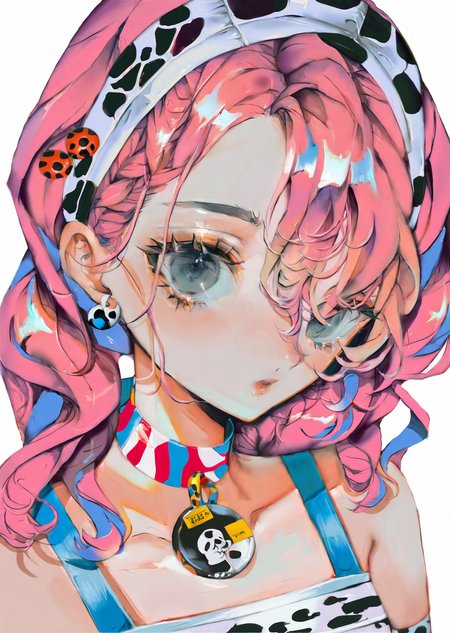 by yogisya, 
 blue poison \(arknights\), blue poison \(shoal beat\) \(arknights\), 1girl, solo, blue eyes, pink hair, choker, portrait, white background, pink choker, hairband, earrings, jewelry, looking at viewer, simple background, long hair, official alternate costume, hair over one eye, braid, bangs, o-ring choker
  best quality, masterpiece,