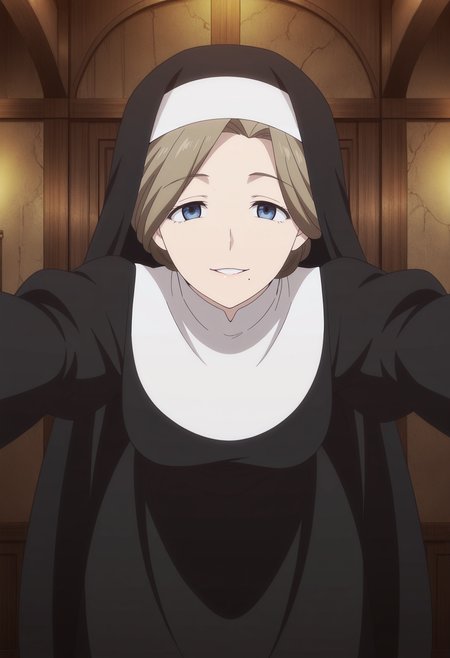 1girl,solo,mm,mature female,brown hair,mole under mouth,blue eyes,anime coloring,
nun,habit,leaning forward, outstretched arms, smile,looking at viewer, parted lips, indoors,motherly
,masterpiece,best quality,amazing quality,<lora:Sister-Kinsou_no_Vermeil:0.8>