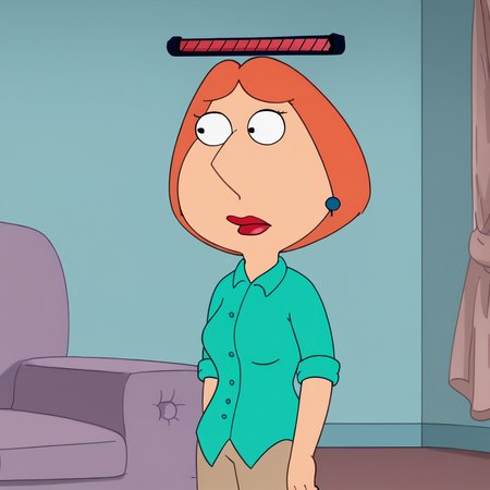 score_8_up, BREAK, lois, dot pupils, 1girl, blue earrings, jewelry, short hair, solo, lipstick, orange hair, aqua shirt, beige pants, breasts, sleeves rolled up, pumps, HealthBar, Health Bar,  <lora:RedHealthBar_PXL_Leaf1:1>,   <lora:LoisGriffinPon2.0:1>, on couch, indoors,