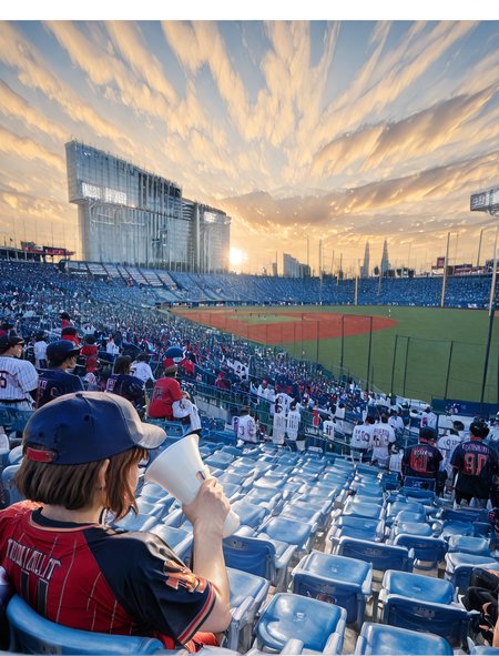 (1girl:1.5), (general:1.3), (detailed background:1.5), tokyo yakult swallows, baseball jersey, white jersey, red pinstripe pattern, dark blue baseball cap, dark blue undershirt, holding megaphone, happy, evening, BREAK
<lora:jingu_stadium:1> jingu stadium, outfield seats, stands, baseballfield, scenery, outdoors, audience, crowd, people, multiple boys, multiple girls, day, sunset, night, cloud, cloudy sky, sky, building, city, cityscape, skyscraper, sign, sun, blue sky, seats, BREAK
dramatic shadows, cinematic lighting, (photo background:1.1), (8K resolution:1.2), (masterpiece:1.2), best quality, amazing quality, very aesthetic, absurdres, newest, (ultra detailed:1.3), (uhd:1.1), <lora:cfg_scale_boost:0.7> <lora:Smooth_Booster_v2:0.5> <lora:StS-Illustrious-Detail-Slider-v1.0:3.0> BREAK