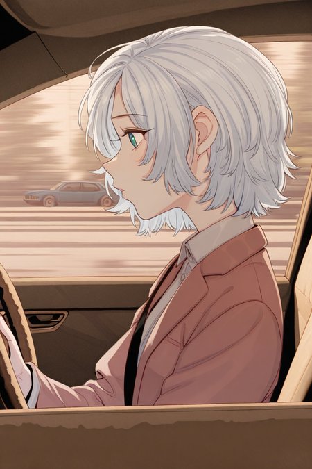 masterpiece, best quality, amazing quality,
 <lora:Girltrap_IL:1> strgrltrp, 1girl, car interior, solo, driving, jacket, short hair, shirt, car, green eyes, grey hair, ground vehicle, motor vehicle, collared shirt, white hair, from side, profile, steering wheel, shirosan