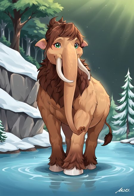 BREAK score_9_up score_8_up score_7_up, source_anime, dynamic pose, Peaches (Ice Age), mammoth, elephant, light brown fur, brown hair, green eyes, horse tail, long bangs, tube, tail, full body, smile,