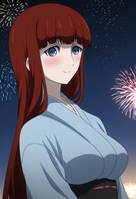 rating_safe, Ultra-high-detailed Anime illustration of Kagari Shiina from Anime Steins;Gate 0. 
The artwork features Kagari in a solo, standing position with a outdoors, flield, and night background. night time. night. stars.
She is depicted with intricate details showcasing her large breasts, natural_breasts. She is a white skinned, 22 years old woman. Kagari is looking_at_viewer with perfect_eyes, Her pupils are highly detailed. The eyes are open. blue eyes. Kagari's eyes are highlighted. Highlighted eyevrows. 
She has long hair, red colored hair, styled in blunt bangs and floating hair.
She is wearing a blue kimono and black shoes. japanese kimono, kimono.
The artistic style is intricate_details_xl with a focus on Anime art. The color palette emphasizes red and black with detailed strokes to bring out the character's features. The lighting creates dramatic shadows and highlights, adding depth to the artwork. The perspective is from a face focus, dutch angle to enhance the impact of the character's expression. This masterpiece is a true portrayal of Kagari's complex personality and will captivate any fan of Kagari. uncensored, upper body, blushing, smile, Kagari Shiina,
perfecteyes,
<lora:Steins_Gate:1>
kimono
happy new year!, Happy New Year fireworks, Happy New Years, golden colored fireworks