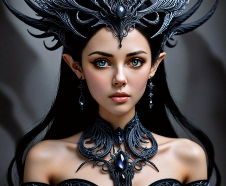 lunala figure, black choker accessory, matte painting ambiance, intertwined elements, anthropomorphic artwork, highly detailed backdrop, captivating visual scene, meticulous detailing, chuah thean teng's creative masterpiece, where each element intricately intertwines to form an otherworldly scene, sleek black choker around the neck