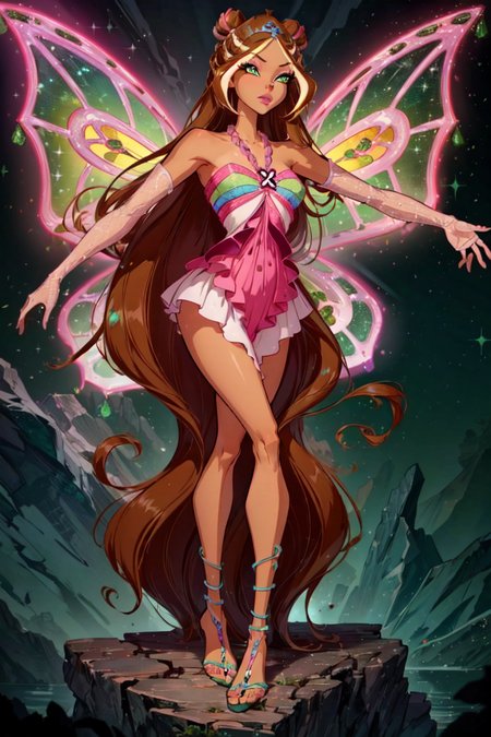 (Flora:1.5), dress, wings, sparkling clothing, brown hair, green eyes, long hair, (green and pink gradient background:1.2), (realistic:1.2), (masterpiece:1.2), (full-body-shot:1),(Cowboy-shot:1.2), neon lighting, dark romantic lighting, (highly detailed:1.2),(detailed face:1.2), (gradients), colorful, detailed eyes,, (natural lighting:1.2), solo  <lora:WinxClubEnchantixFlora-10:0.9> <lora:add_detail:0.3> <lora:BeautifulEyes:0.6>